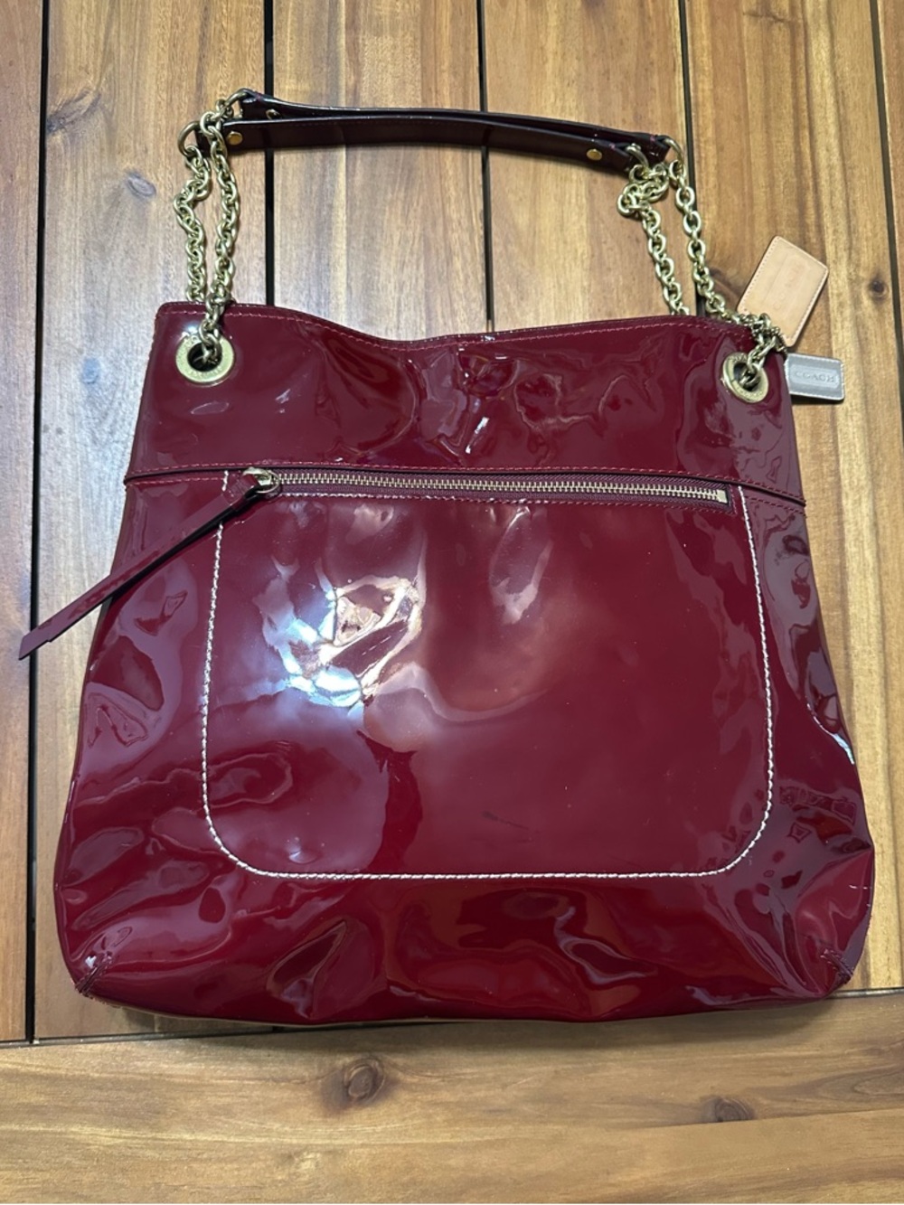 Coach Poppy Glossy Patent Leather Slim Shoulder Bag in Burgundy with Gold Chain